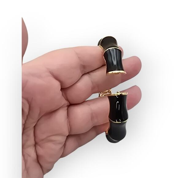 Black and Gold Bangle – Elegant Enamel Bamboo Hinge Bracelet - Picture 2 of 9